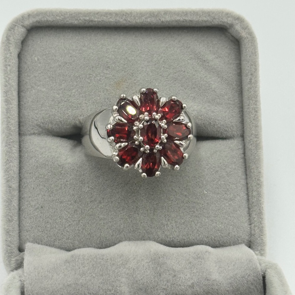 Red Garnet Floral Cluster Statement Ring Size 10 Sterling Silver